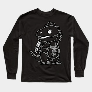 Tea Rex, T-Rex, Dinosaur, White Line Drawing Long Sleeve T-Shirt